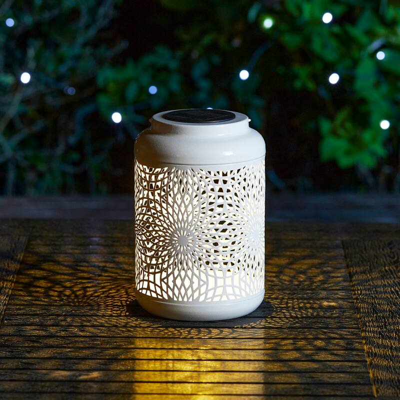 Glitzhome 8.75"H Outdoor Waterproof Metal Solar Hanging Lantern with Flower Leaves Decor - 1PC White-Flower