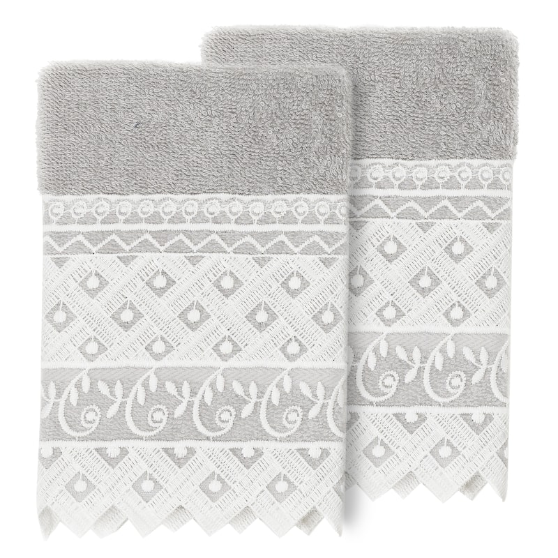 Authentic Hotel and Spa 100% Turkish Cotton Aiden 2PC White Lace Embellished Washcloth Set - Light Gray