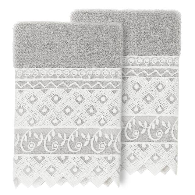 Authentic Hotel and Spa 100% Turkish Cotton Aiden 2PC White Lace Embellished Washcloth Set - Light Gray