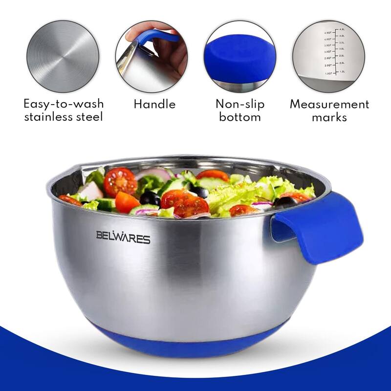 Stainless Steel Mixing Bowls Set of 3, with Lids & Graters,