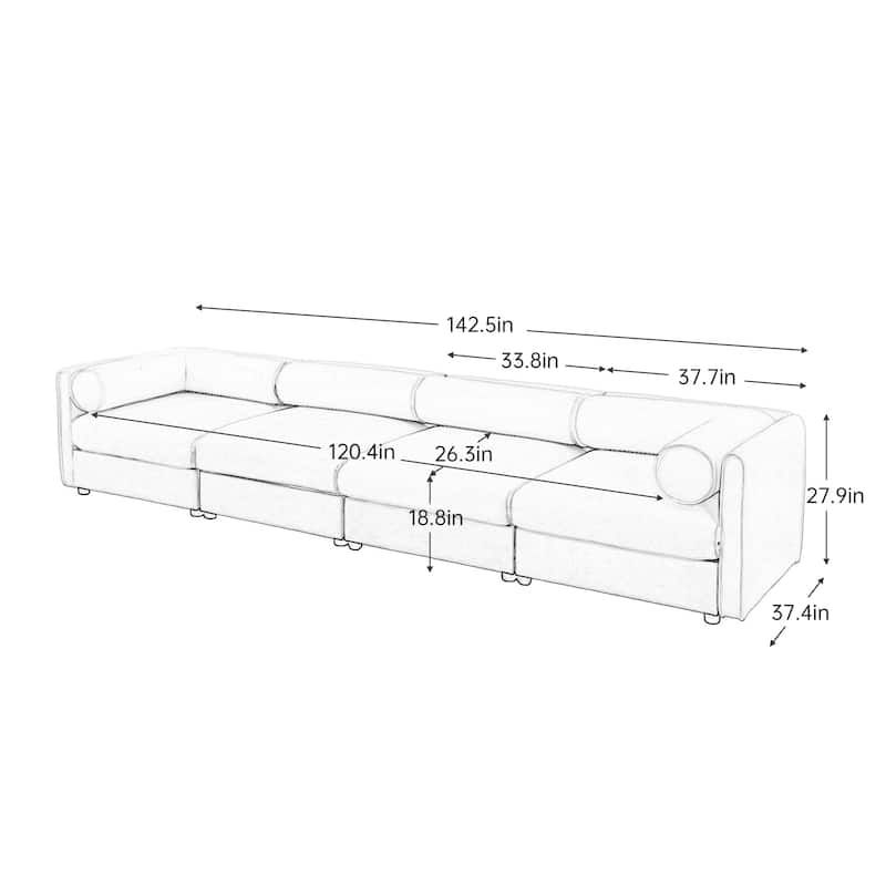 Modern 4 Deep Seat Modular Sofa with Storage, Cylindrical Backrest & Armrests