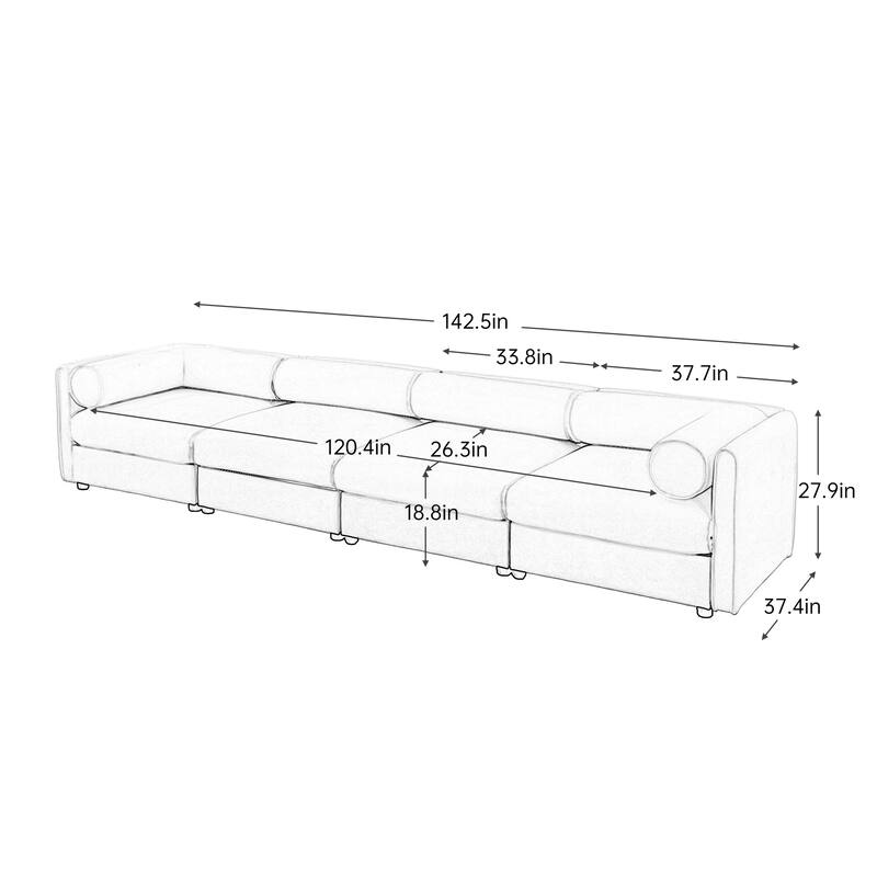 Modern Chenille 6-Seater Sofa with Ottoman Storage, Hidden Storage, Cylindrical Cushioned Arms and Backrest