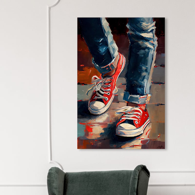 Wynwood Studio Fashion and Glam Red Street Shoes and Jeans Red and Modern & Contemporary Wall Art Canvas Print - 45 x 30