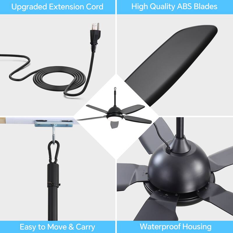 Sofucor 52 Inch Waterproof Outdoor Ceiling Fan with Lights and Remote,IP65 Hanging Gazebo Fan,Wet Rated Plug in Fan with Cord