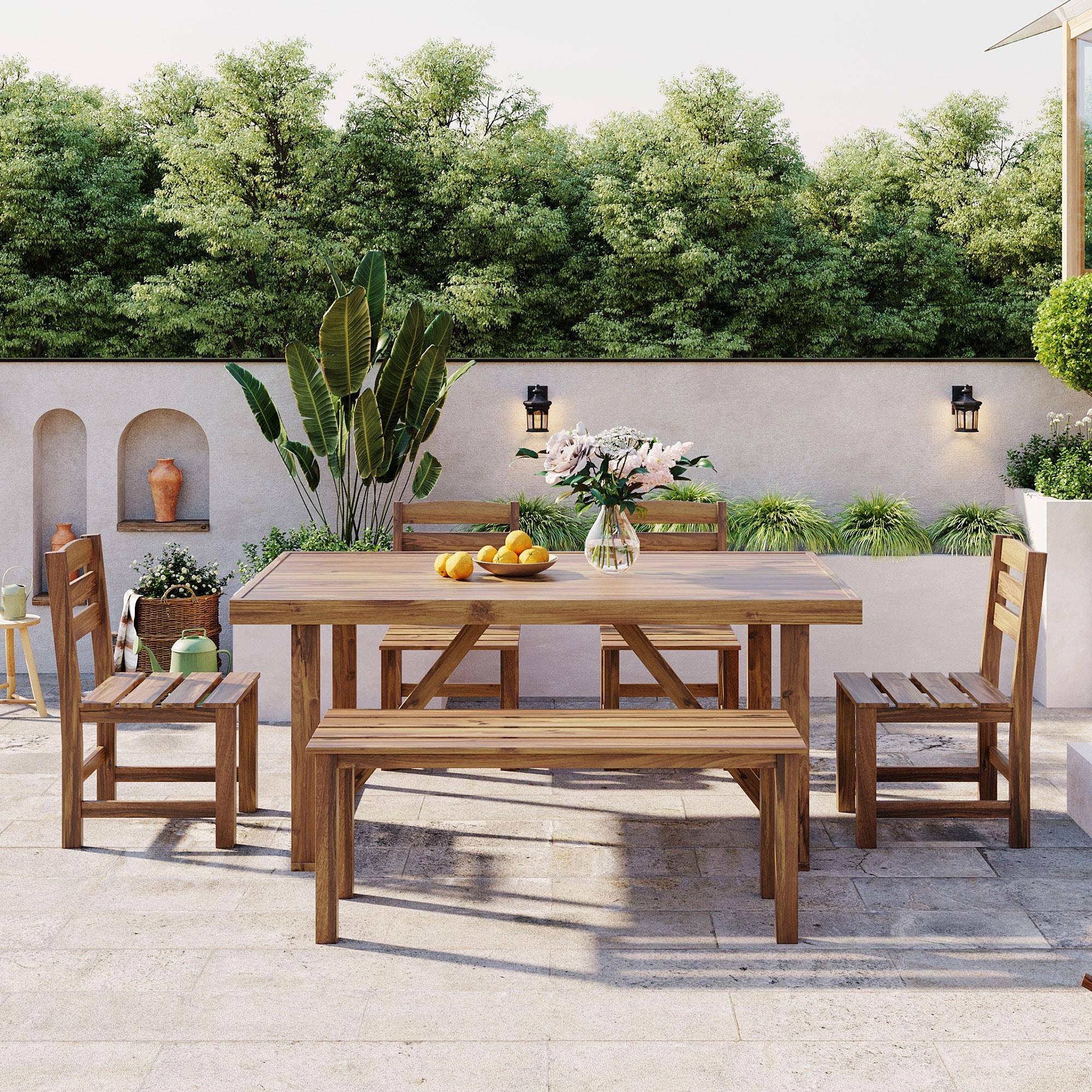 Natural Wood Patio Dining Set Outdoor Dining Table & Chair Set with Bench and Rectangular Dining Table