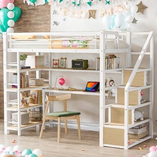 Twin Metal Loft bed with Staircase, Built-in Desk and Shelves, White