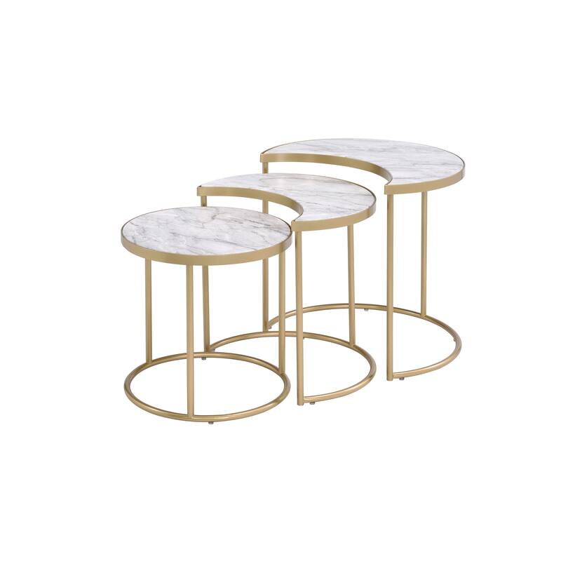 3Pc Pack Nesting Tables HalfMoon & Round Shape Faux Marble Top Metal