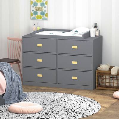 FAMAPY Changing Table in Gray, Double Dresser with 6 Drawers