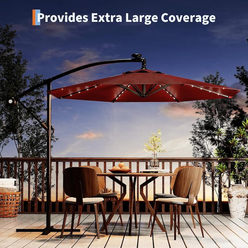 10ft Solar Lights Patio Umbrella, Cantilever Umbrella with Easy Lift and Tilt Adjustment