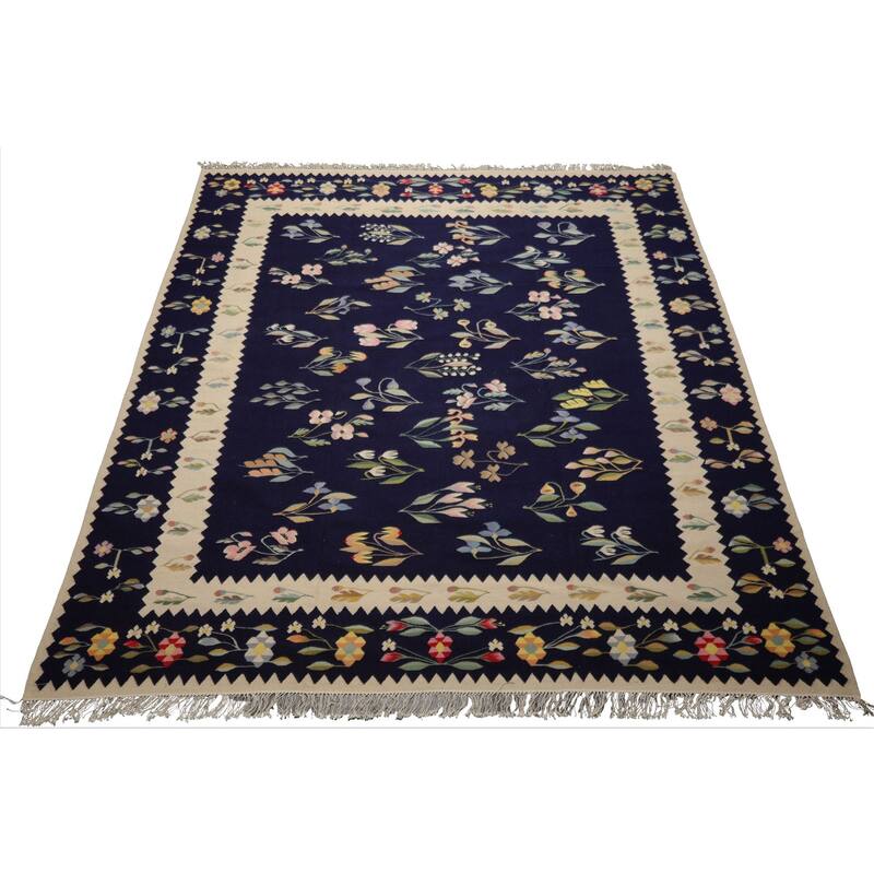 8'5''x10'5'' Hand Woven Wool Navy Kilim Traditional Flatwoven Rug - 8' 5'' x 10' 5''