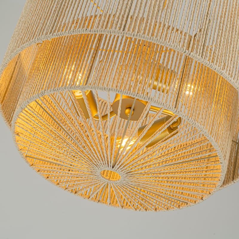 Armida 3-Light Rattan Rope Tiered Drum Pendant, Coastal Boho - Handwoven