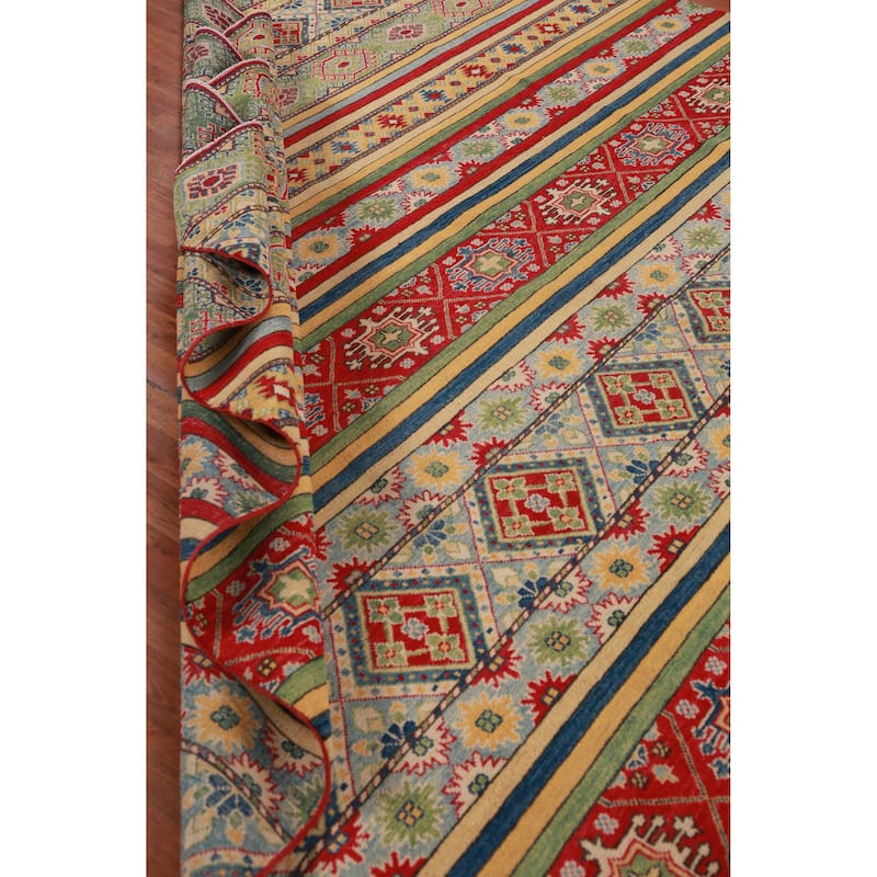 Hand Knotted Oriental 100% Wool Carpet Traditional Geometric Multi-Colored Kazak Area Rug - 12' 11'' X 9' 10''