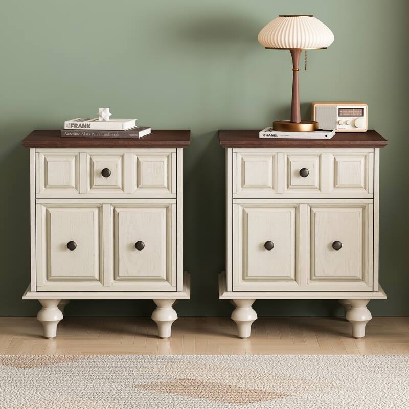 20.47"Vintage Nightstand with 2 Drawers and Roman Column Legs, Solid Wood Bedside End Table, Bedside Cabinet