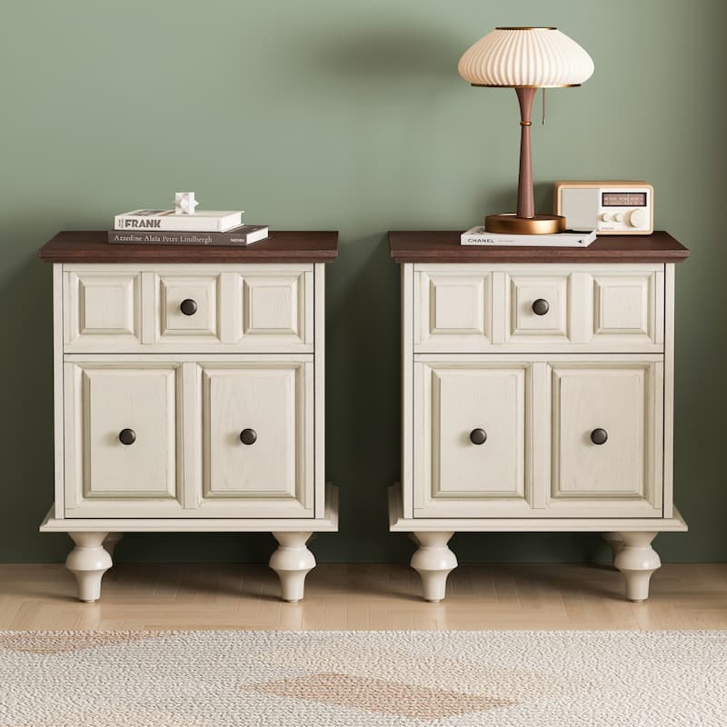 20.47"Vintage Nightstand with 2 Drawers and Roman Column Legs - Antique White