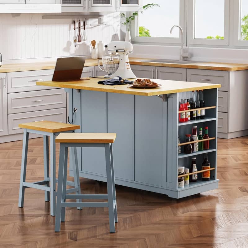 53" Rolling Kitchen Island with Drop Leaf, Power Outlet & Internal Door Storage, 5 Open Side Racks - With Stools--Grey Blue