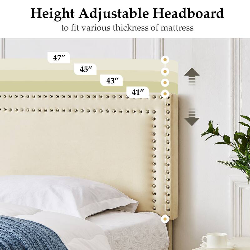 VECELO Upholstered Bed Frames with Height Adjustable Headboard