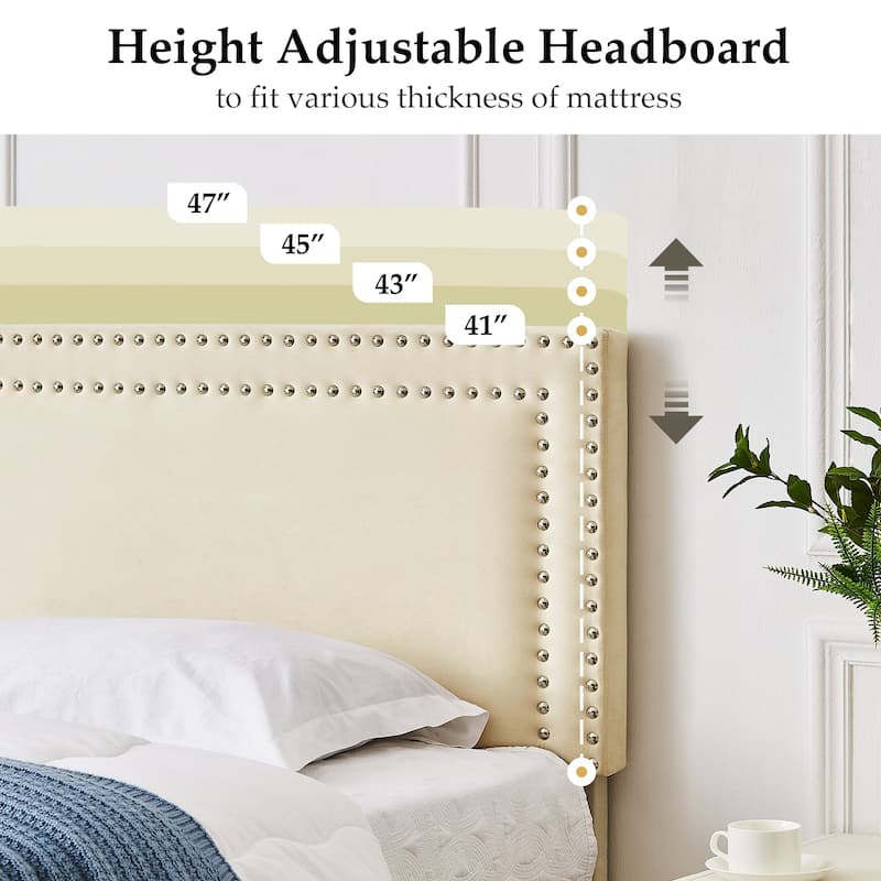 VECELO Upholstered Bed Frames with Height Adjustable Headboard