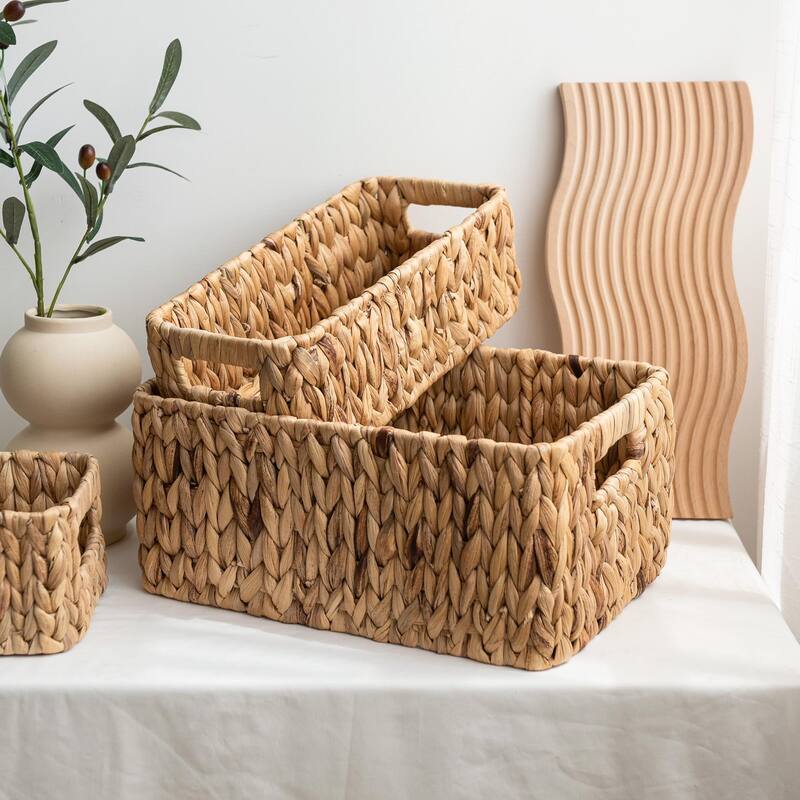 Water Hyacinth Storage Baskets Set of 3, Wicker Baskets with Handles for Bedroom, Bathroom, Pantry, Shelves