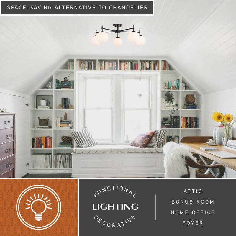 Armitage 32-in W Matte Black Semi Flush Mount Ceiling Light Fixture White Glass Globe Shade, LED Compatible