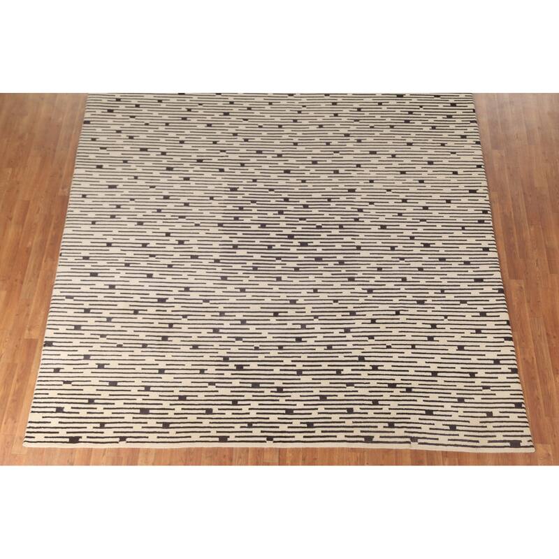Striped Beige Nepalese Indian Area Rug Hand-Knotted Wool Carpet - 9'0" x 11'8"