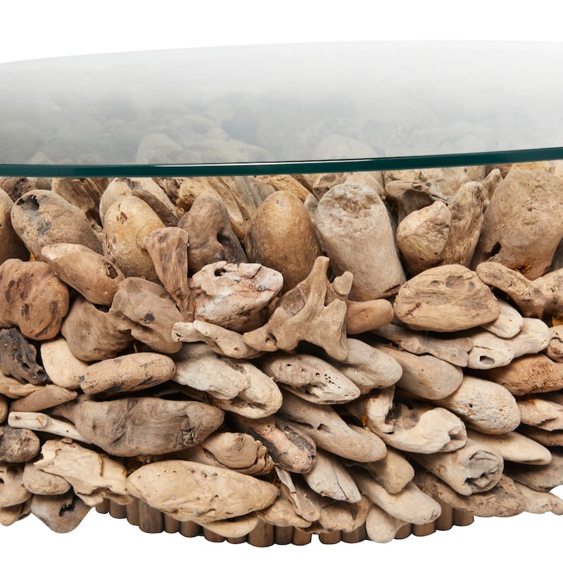 Driftwood Handmade Stacked Collage Coffee Table with Tempered Glass Top and Pedestal Base - Brown - Roche River Decor