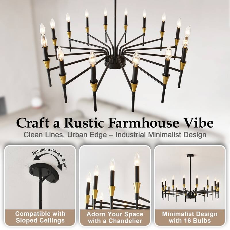 48-Inch Modern Black Farmhouse Chandelier，16-Light Industrial Round Hanging Light Fixture