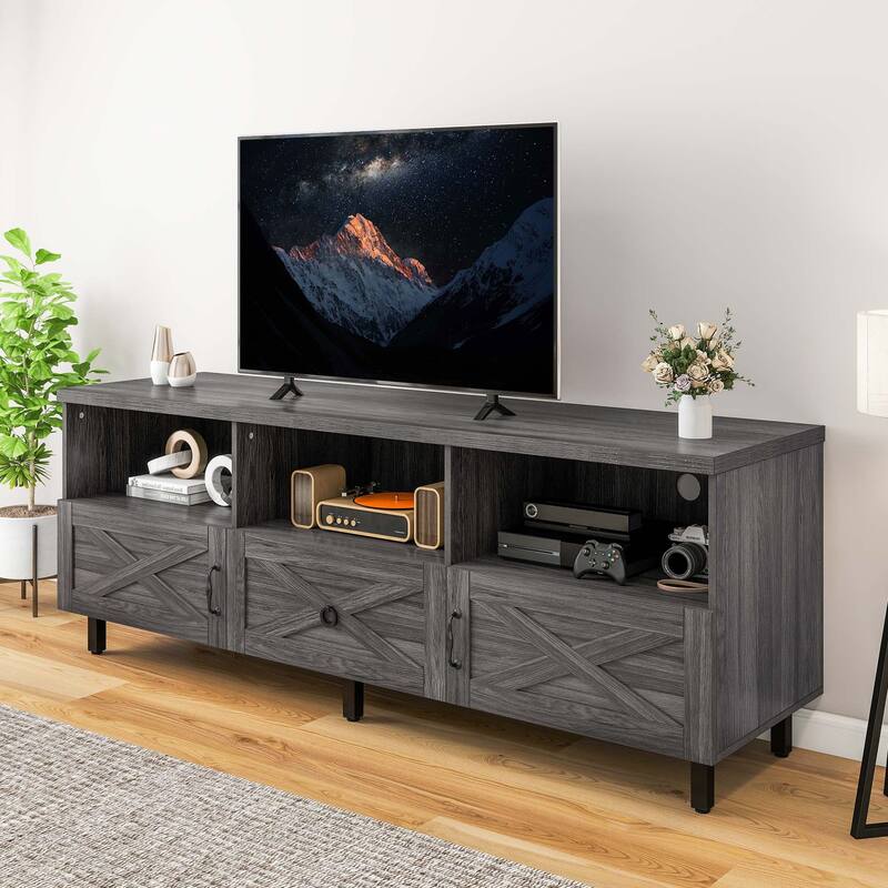 Moasis Farmhouse TV Stand for TVs up to 70" w/ Storage Shelves, Entertainment Center Media Console with Drawer - Grey