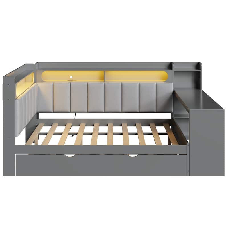 Roomfitters Full Daybed with Trundle, Charging Station and Upholstered Headboard