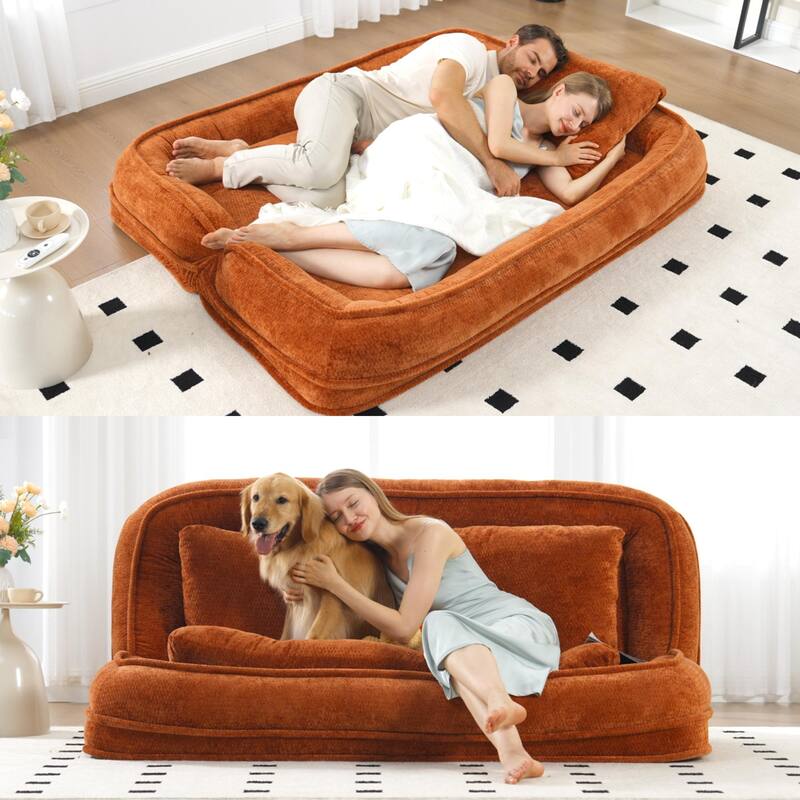Pet Friendly Lazy Loveseat Sofa 2-in-1 Chenille Floor Couch Double Human Sleeper Bed with 5 Adjustable Position, Plump Pillows - Orange