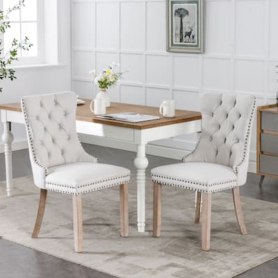 Collection Modern, High-end Tufted Solid Wood Contemporary Flax Upholstered Dining Chair with Wood Legs Nailhead Trim 2-Pcs Set