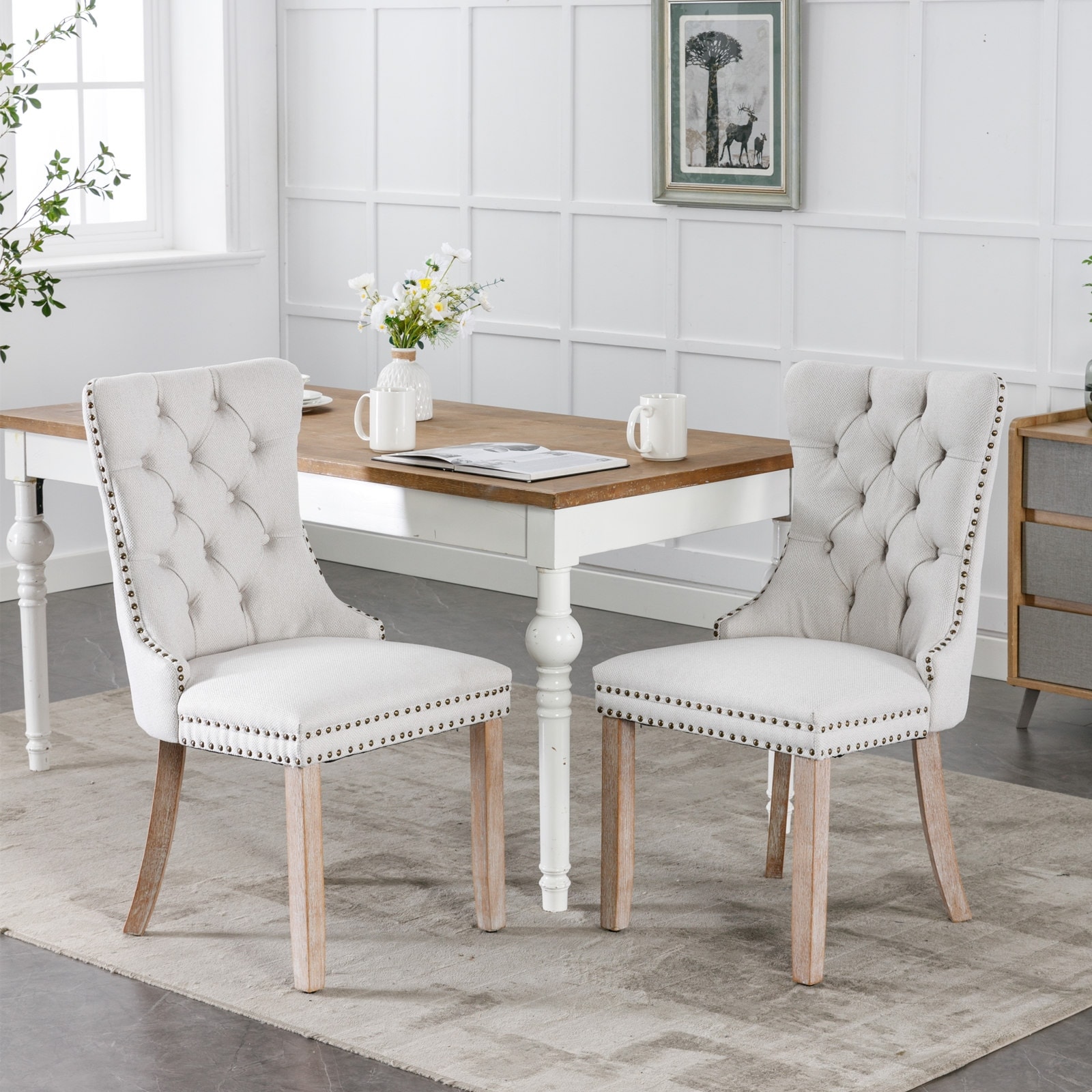 Tufted Fabric Dining Chairs 2-pcs, Black Linen Upholstered Side Chairs