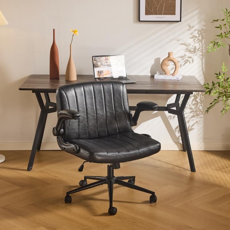 Oil-Waxed Leather Swivel Chair With Flip-Up Armrests
