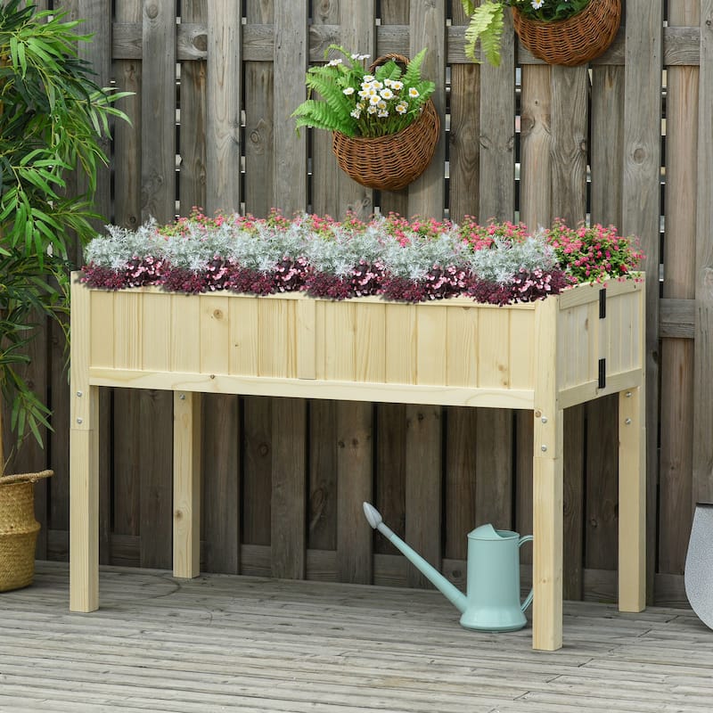 Outsunny Elevated Wood Foldable Raised Garden Bed with Drainage Hole, Outdoor Workstation with Legs, Space Saving Design - Wood color - Wood