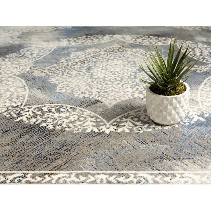Volos Collection Cream and Medium Grey Medallion Area Rug