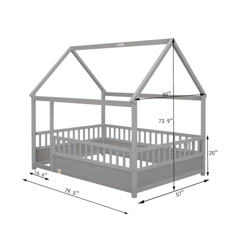 GDF Studio - Whitmore Montessori Wooden Floor Bed with House Roof Frame and Fence