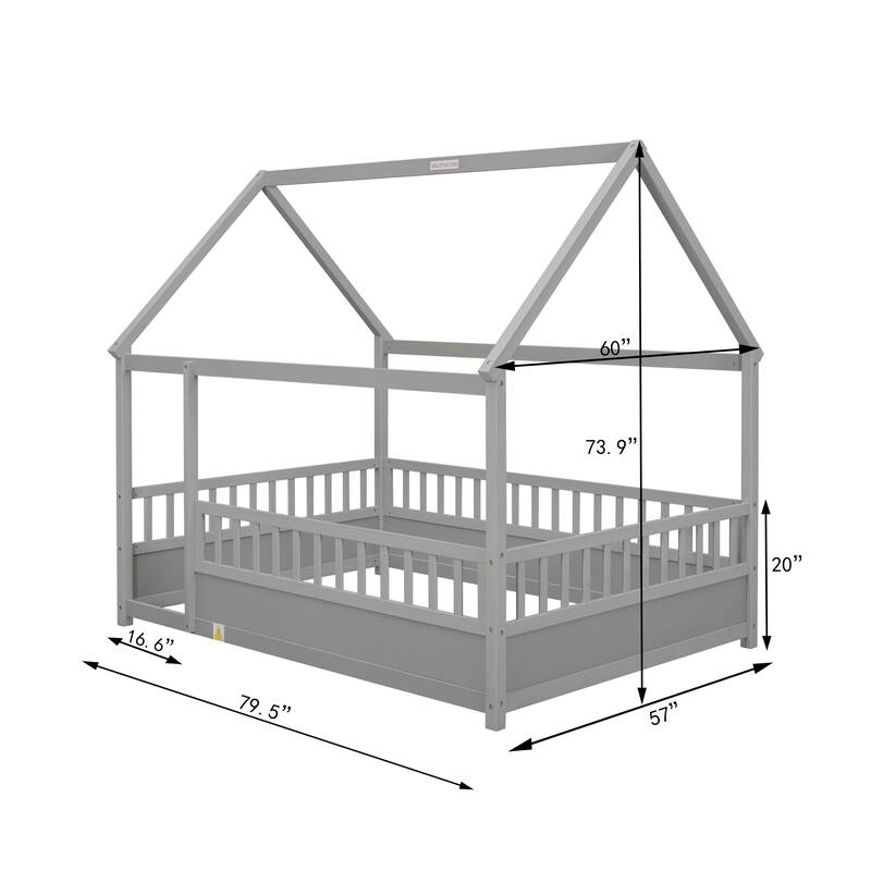 Kids Twin/Full House Bed with Roof Frame, Floor Bed with Fence Guardrails