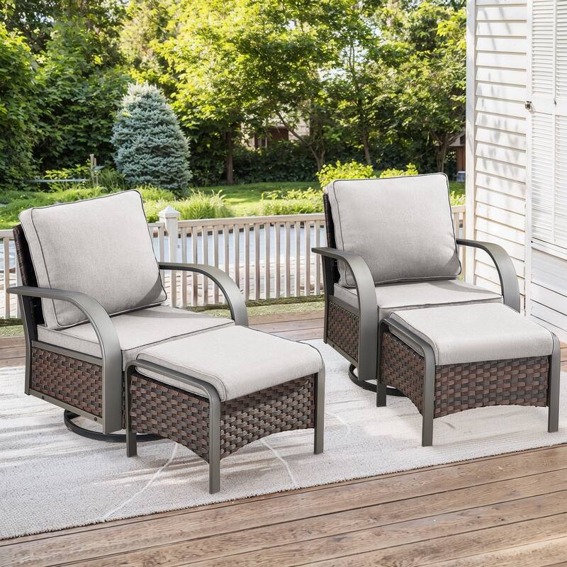 Patio Swivel Rocker Chair Glider Chair with Ottomans - Brown - Beige
