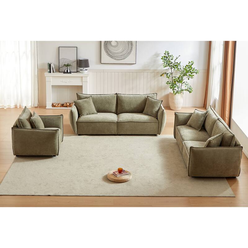 3-Piece Linen Modular Sofa Set (3+3+1) with Wood Frame & 5 Pillows