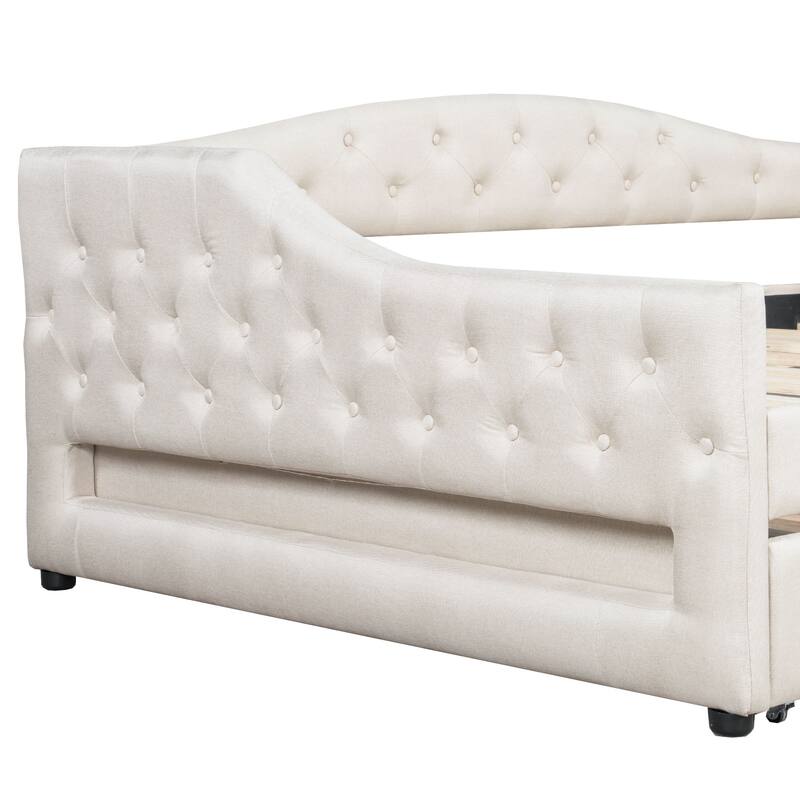 Full XL Size Upholstered Daybed with Linen Cover Backrest & Trundle, Wood Sofa Bed Frame with LED Lighting, No Box Spring Needed