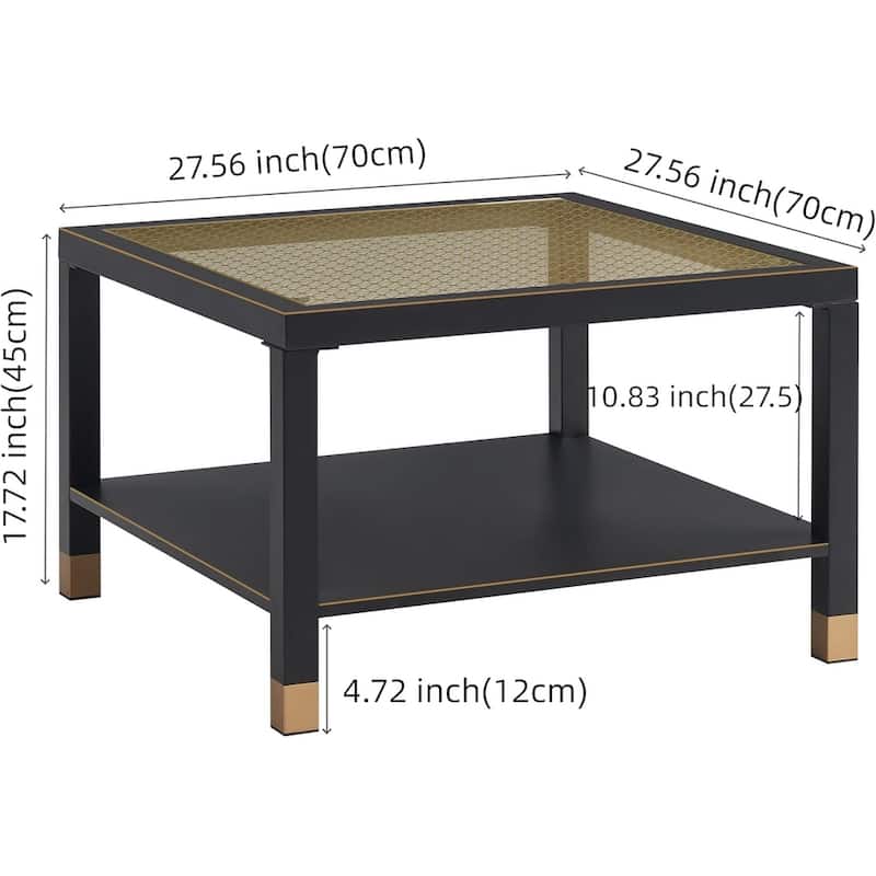 Industrial Square Coffee Table - 27.6" Matte Black Steel Frame & Gold Mesh Glass Top