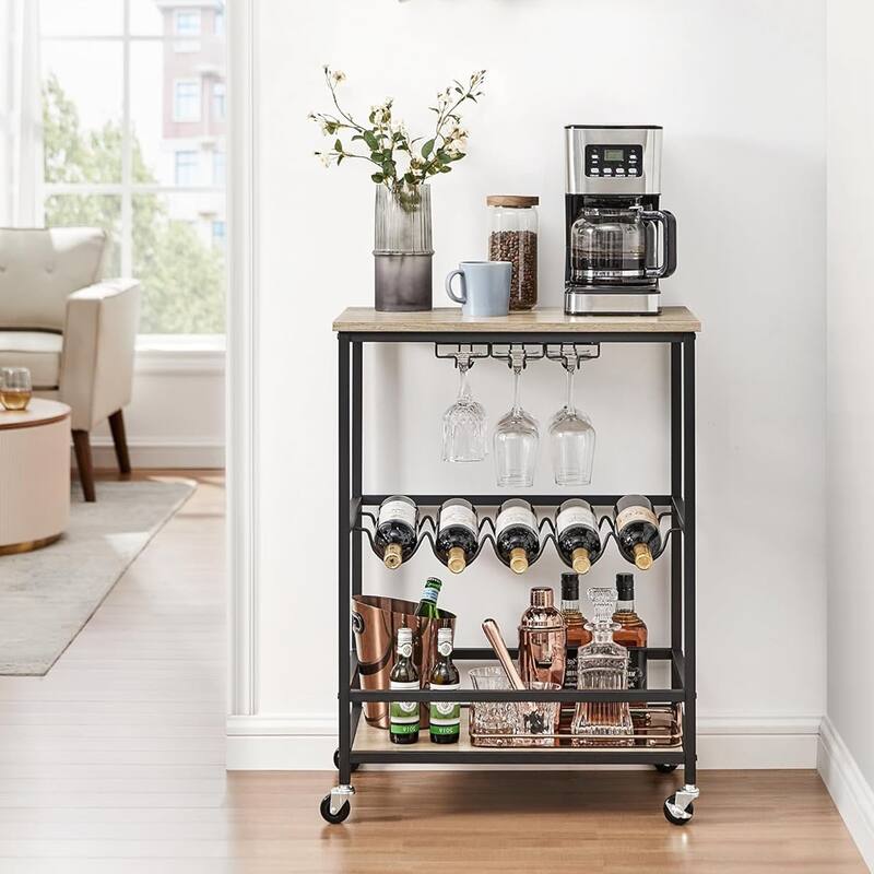 Industrial Bar Serving Cart with Casters, Glass Holders, Wine Holders