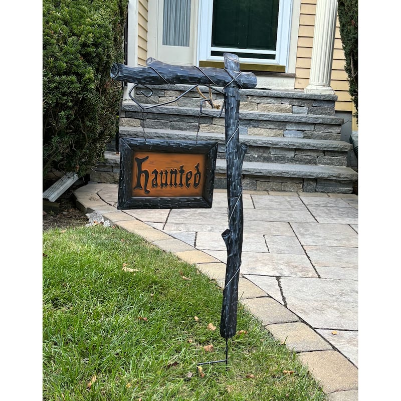 37" Metal Halloween Haunted Sign Post Outdoor Yard Stake