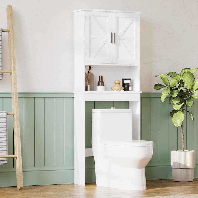 Over The Toilet Storage Cabinet with Adjustable Shelf, Bathroom Space Saver Organizer with Double Doors and Open Shelf