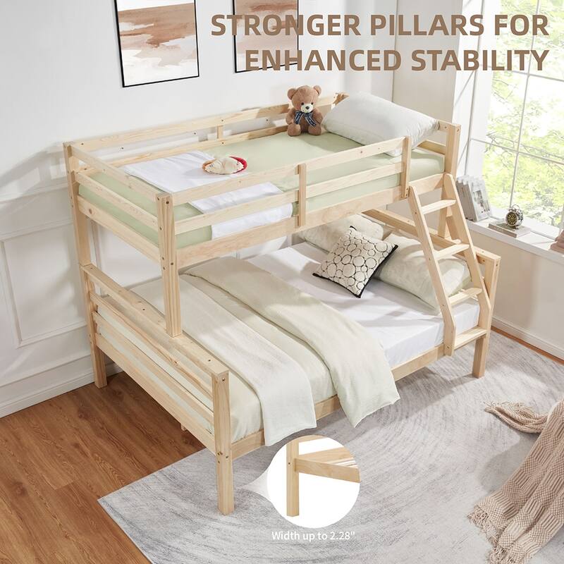 Twin over Full Wooden Bunk Bed,High Guardrail,Ladder,No Box Spring