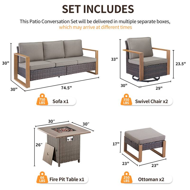 Pocassy 4/6/8PCS Sofa Swivel Chair with Fire Pit Table Set