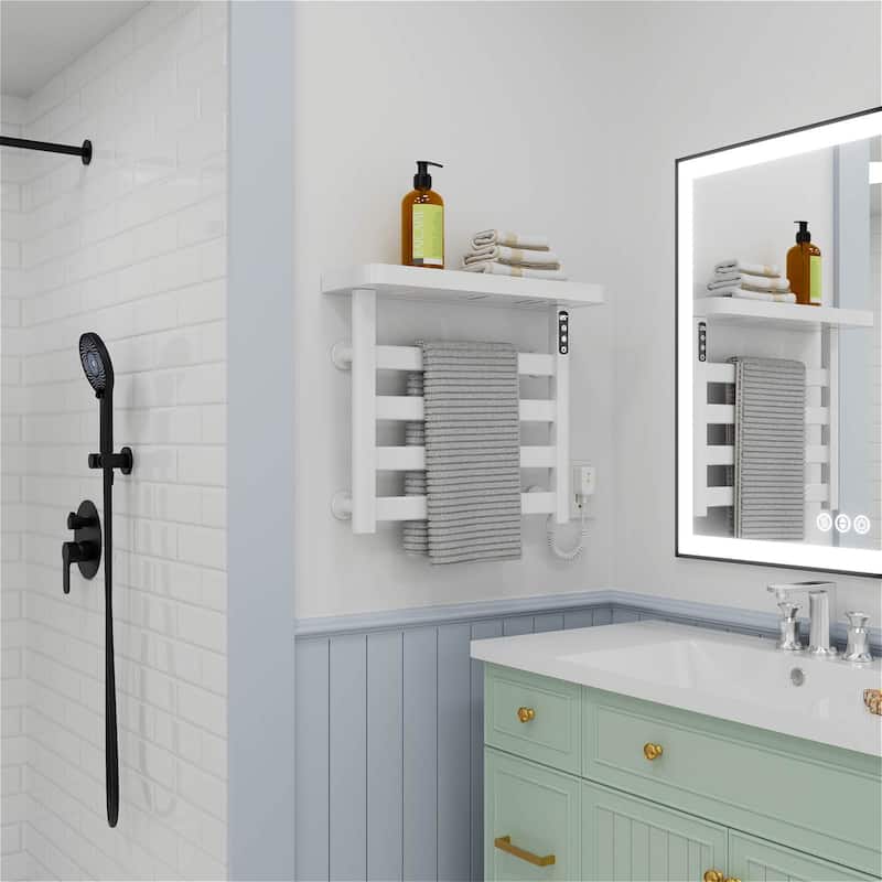 4-Bar Smart Electric Towel Warmer Wall-Mounted with Adjustable Temperature, Timer, Touch LED Display & Shelf