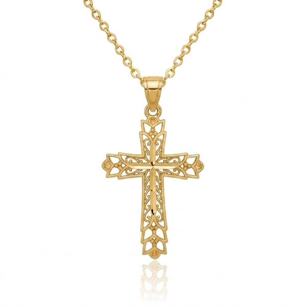 Curata 14k Yellow Gold 18" Filigree Squared Cross Pendant Necklace - 18x30mm