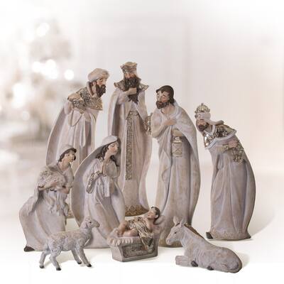 7-18" Whitewash Nativity W/Gold Trim Set of 9 - 7"-18"