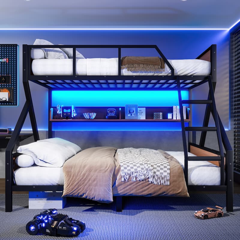 Queen over King Bunk Bed, Metal Bunk Bed with Storage Shelves and Lights, Space-saving & Noise-free Design