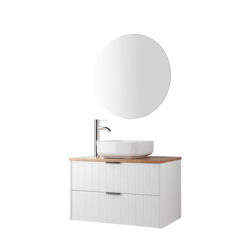 32" Drawer Wall-Mounted Vanity with Solid Wood Top and Round Mirror